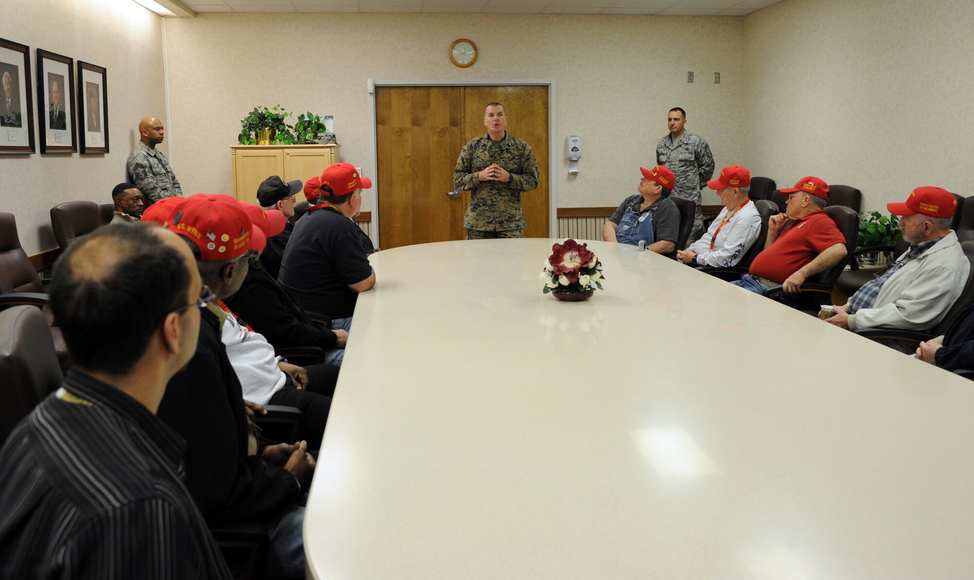 U.S. Marine Corps Sgt. Maj. Bryan Battaglia, the senior enlisted advisor to the chairman of the Joint Chiefs of Staff, visits the Overton Brooks Veterans Medical Center in Shreveport, La., Jan. 31, 2014. Battaglia spoke with veterans regarding benefits for retirees and veterans. (U.S. Air Force photo/Senior Airman Joseph A. Pagán Jr.)