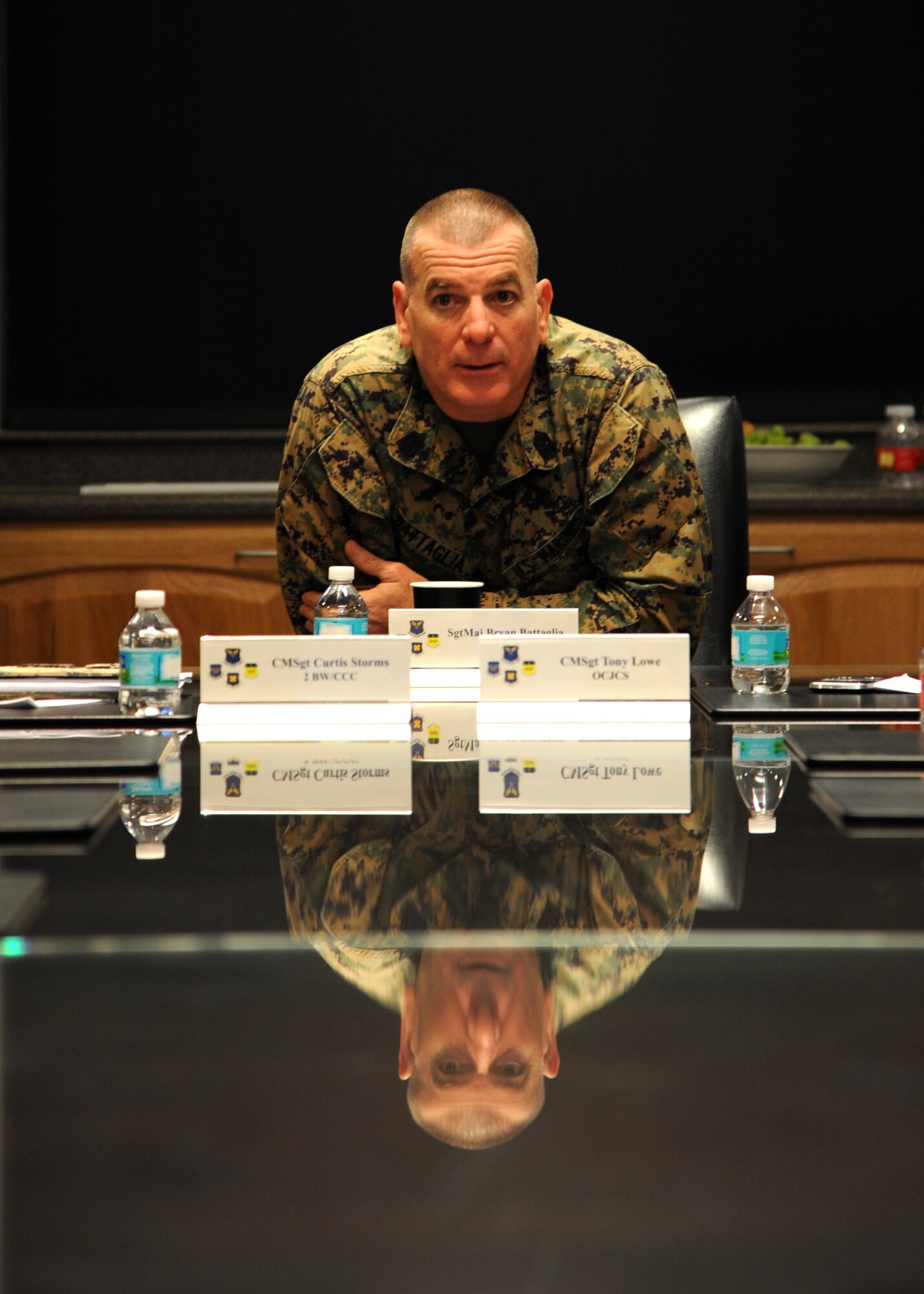 U.S. Marine Corps Sgt. Maj. Bryan Battaglia, the senior enlisted advisor to the chairman of the Joint Chiefs of Staff, talks with Airmen at the 2nd Bomb Wing Headquarters conference room on Barksdale Air Force Base, La., Jan. 31, 2014. Battaglia had a question and answer session with the Airmen, discussing various topics ranging from force shaping to planning for the future. (U.S. Air Force photo/Senior Airman Joseph A. Pagán Jr.)