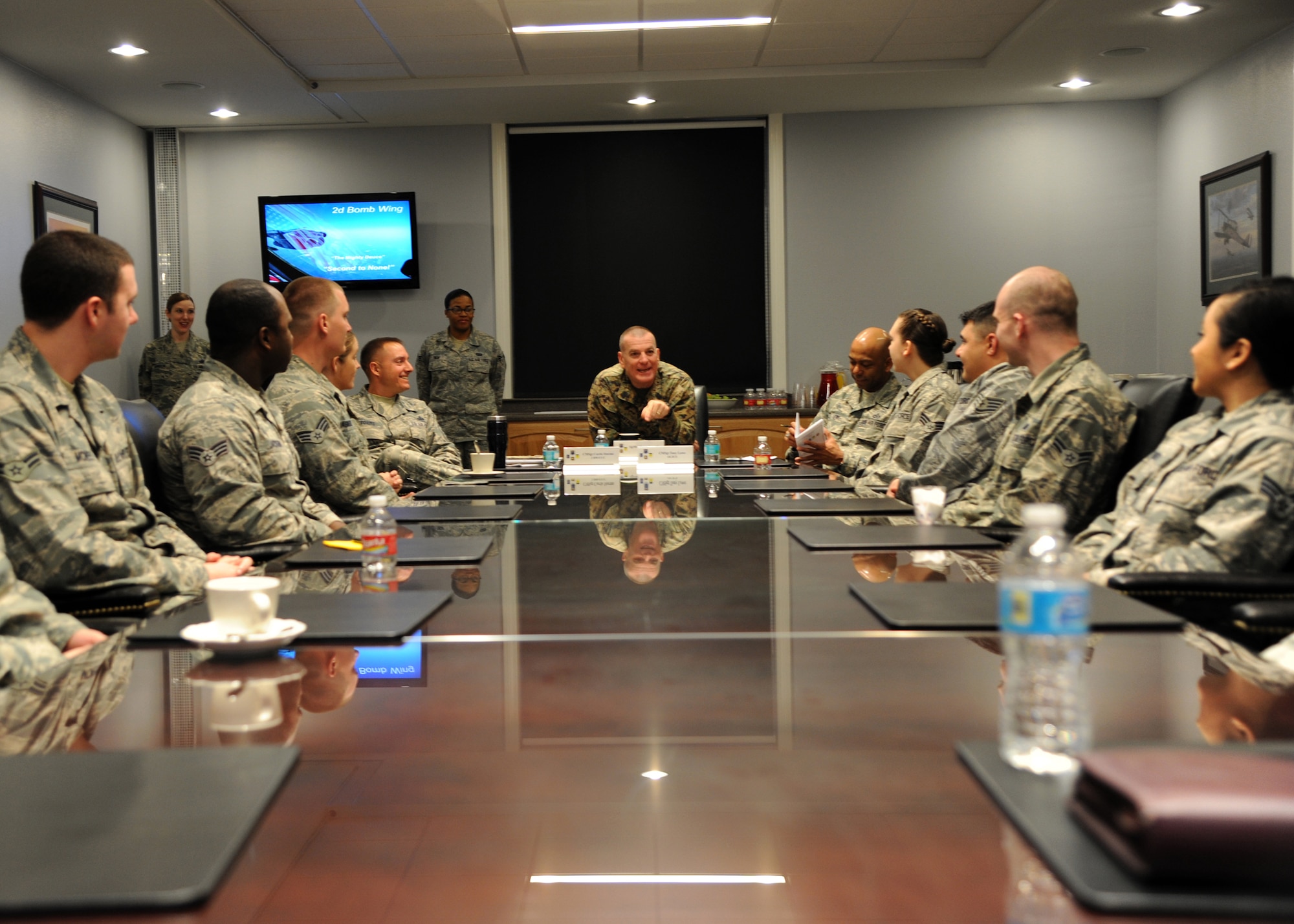 U.S. Marine Corps Sgt. Maj. Bryan Battaglia, the senior enlisted advisor to the chairman of the Joint Chiefs of Staff, talks with Airmen at the 2nd Bomb Wing Headquarters conference room on Barksdale Air Force Base, La., Jan. 31, 2014. Battaglia had a question and answer session with the Airmen, discussing various topics ranging from force shaping to planning for the future. (U.S. Air Force photo/Senior Airman Joseph A. Pagán Jr.)
