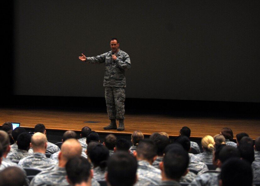 U.S. Air Force Col. Brian Yates, 7th Mission Support Group commander, speaks during a driving under the influence awareness campaign commander’s call, Jan. 31, 2014 at Dyess Air Force Base, Texas. The purpose of the campaign was to educate Team Dyess on the effects and consequences of driving while intoxicated and DUIs. DWI refers to driving while intoxicated by alcohol, while DUI is used when the driver is charged with being under the influence of alcohol or drugs. Some options Airmen have instead of drinking and driving are calling Dyess Against Drunk Driving at (325) 696-3233, a local taxi service, a wingman or someone in their chain of command. (U.S. Air Force photo by Senior Airman Shannon Hall/Released)