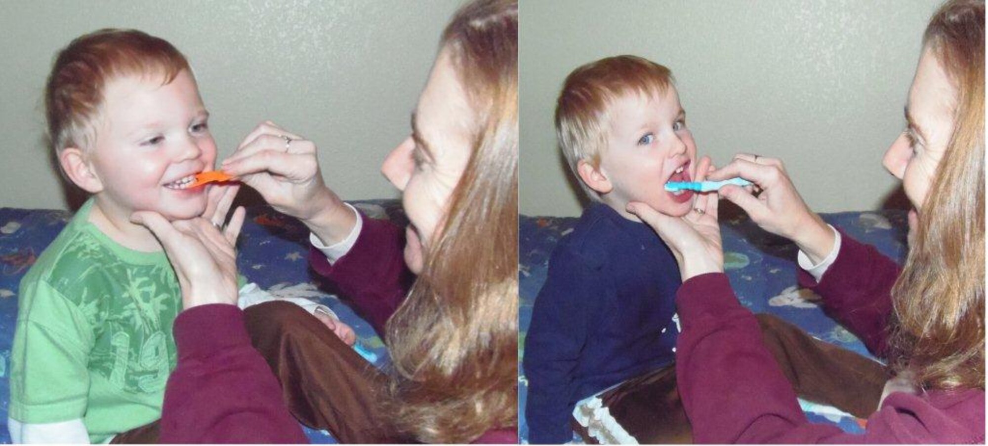 Tech. Sgt. Janet Gouveia, 21st Dental Squadron, assists her sons, Noah (left) with flossing his teeth , and Logan with brushing his teeth. Helping your child brush their teeth is one way for them to be a part of the Super Smile Team. (Photo courtesy Tech. Sgt. Janet Gouveia)