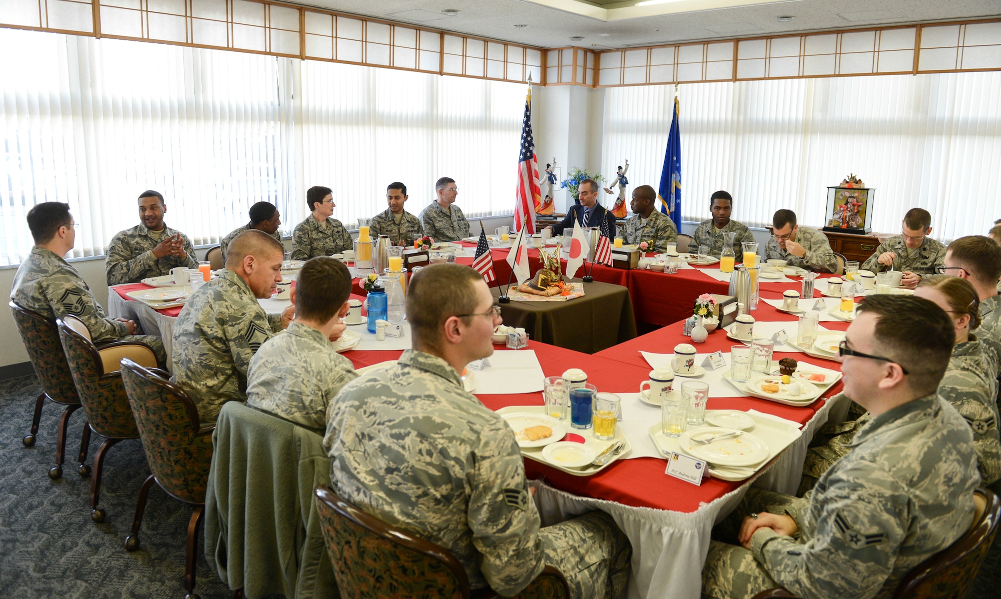 Airmen from the 374th Civil Engineer Squadron have a breakfast with Maj. Gen. Theresa Carter, Air Force Civil Engineer, Deputy of Staff For Logistics, Installations and Mission Support, in the Samurai Cafe Dining Facility at Yokota Air Base, Japan, Jan. 31, 2014. During the breakfast, Carter participated in an open discussion with Airmen to address any questions or concerns on current issues in the Air Force. (U.S. Air Force photo by Airman 1st Class Meagan Schutter/Released)