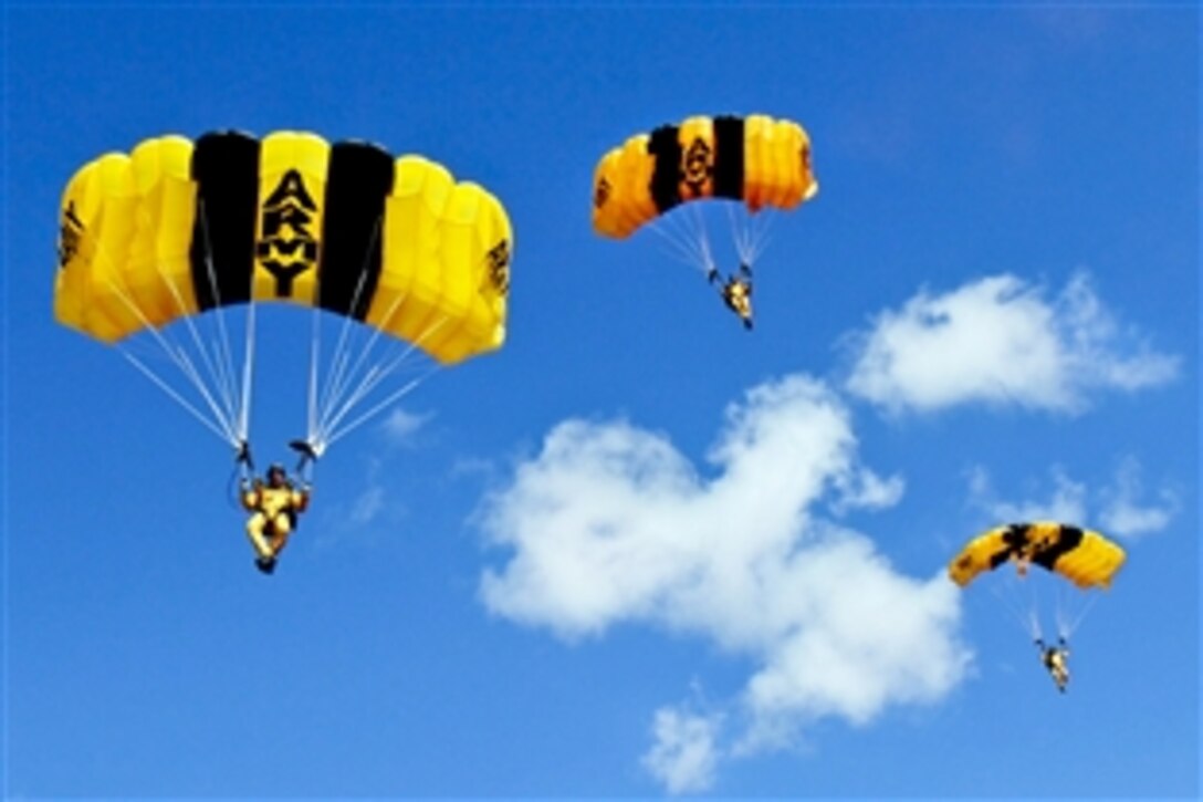 U.S. Army Parachute Team members prepare to land on target as part of the Golden Knights annual certification cycle on Homestead Air Reserve Base, Fla., Jan. 27, 2014.