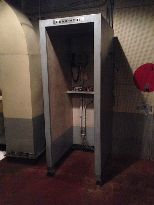 This sound proof phone booth aboard the STURGIS, a former nuclear reactor barge, allowed crew members to communicate with each other more than 30 years ago.  