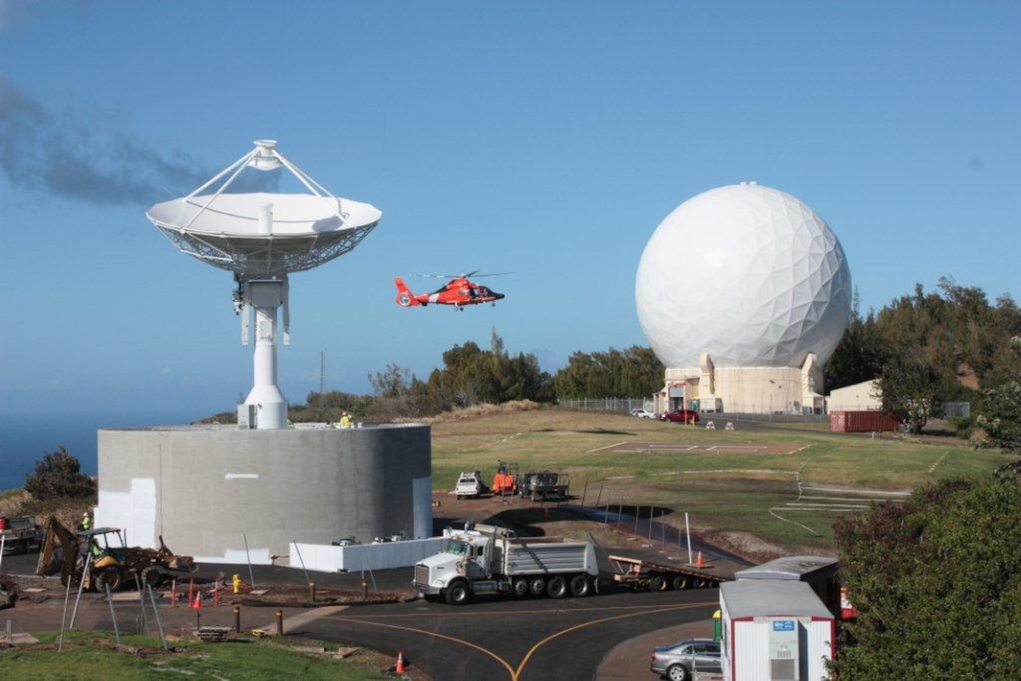 A Remote Tracking Station Block Change, or RBC, antenna is installed January 2012 at Kaena Point Tracking Station, Hawaii. The 50th Space Wing earned operational acceptance of the antenna, along with three other RBC antennas located at New Boston Air Force Station, NH; RAF Oakhanger, England and Guam Tracking Station. (courtesy photo)
 