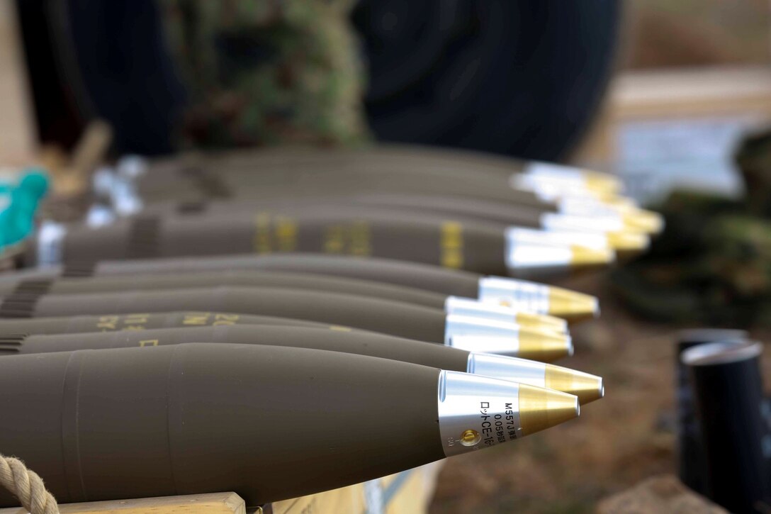 Several 120mm mortar rounds sit on ammo crates during Exercise Iron Fist 2014 aboard Camp Pendleton, Calif., Feb. 3, 2014.  Iron Fist 2014 is an amphibious exercise that brings together Marines and sailors from the 15th Marine Expeditionary Unit, other I Marine Expeditionary Force units, and soldiers from the Japan Ground Self-Defense Force, to promote military interoperability and hone individual and small-unit skills through challenging, complex and realistic training. (U.S. Marine Corps photo by Sgt. Jamean R. Berry/Released)