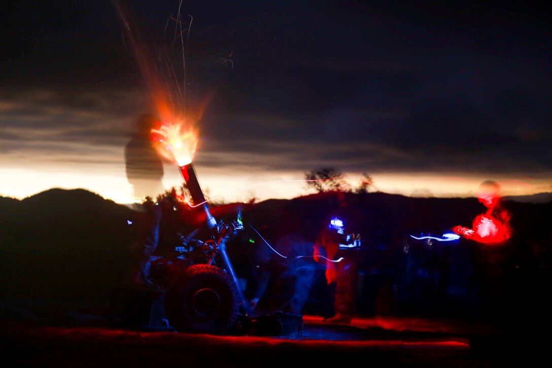U.S. Marines with Battery E, 2nd Battalion, 11th Marine Regiment, fire an M120 120 mm Mortar System during Exercise Iron Fist 2014 aboard Camp Pendleton, Calif., Feb. 3, 2014.  Iron Fist 2014 is an amphibious exercise that brings together Marines and sailors from the 15th Marine Expeditionary Unit, other I Marine Expeditionary Force units, and soldiers from the Japan Ground Self-Defense Force, to promote military interoperability and hone individual and small-unit skills through challenging, complex and realistic training. (U.S. Marine Corps photo by Sgt. Jamean R. Berry/Released)