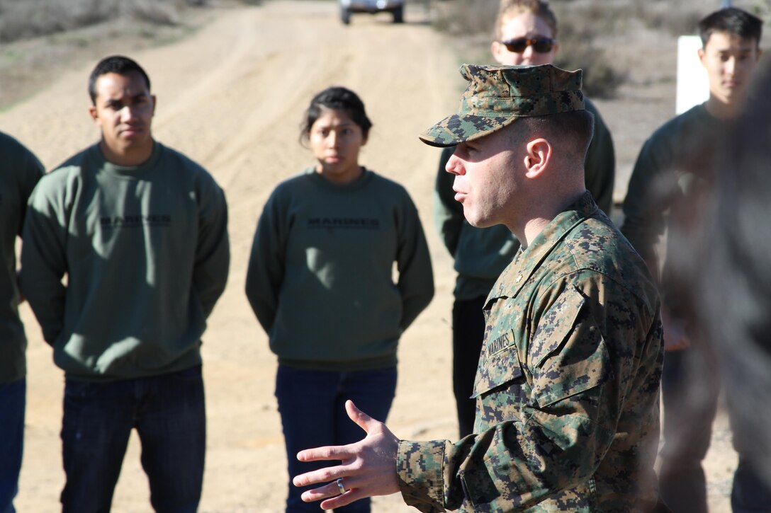 Maj. Brian Donlon, the commanding officer of Recruiting Station San Diego, briefs Officer candidates before a leadership reaction course aboard Marine Corps Base Camp Pendleton, Calif., Feb. 1.