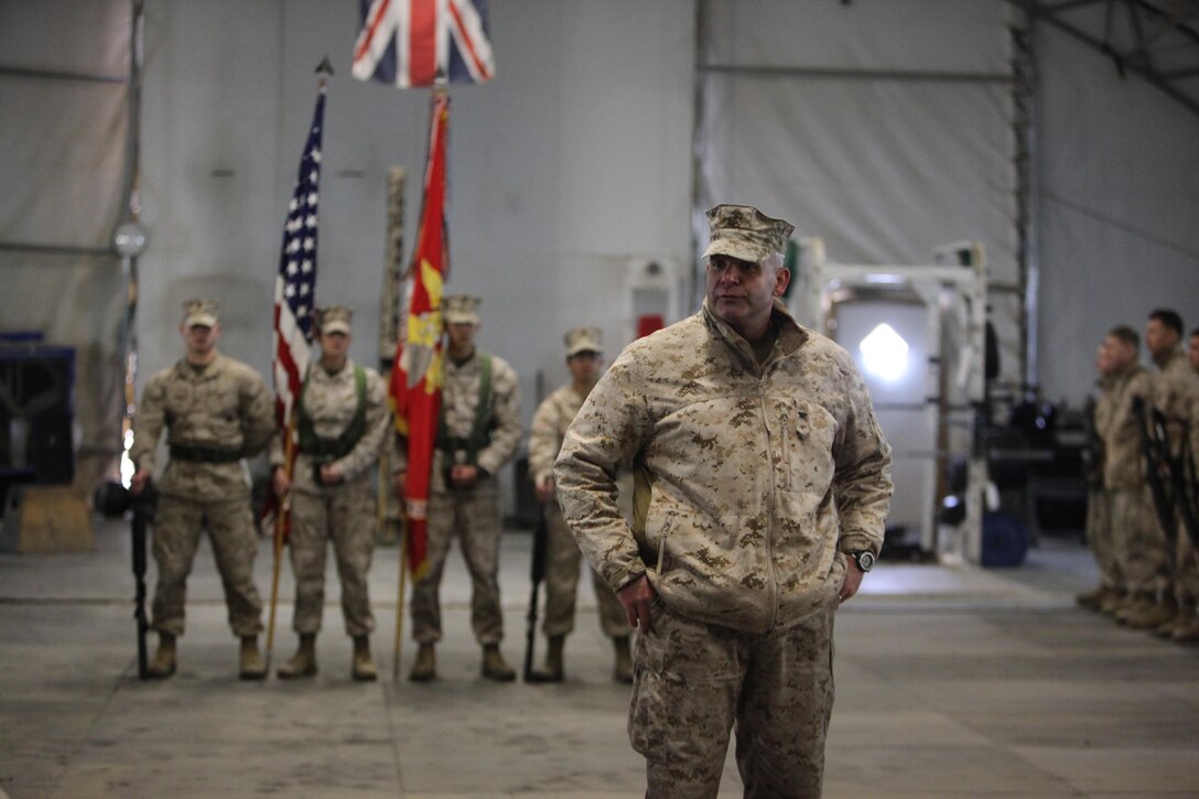 Colonel Scott Jensen, commanding officer, 2nd Marine Aircraft Wing (Forward), addresses guests during a transfer of authority ceremony held aboard Camp Leatherneck, Afghanistan. The 2nd MAW (Fwd) was replaced by 3rd MAW (Fwd) as the aviation combat element for Regional Command (Southwest) and will provide aviation support to commands operating in Helmand and Nimroz provinces.