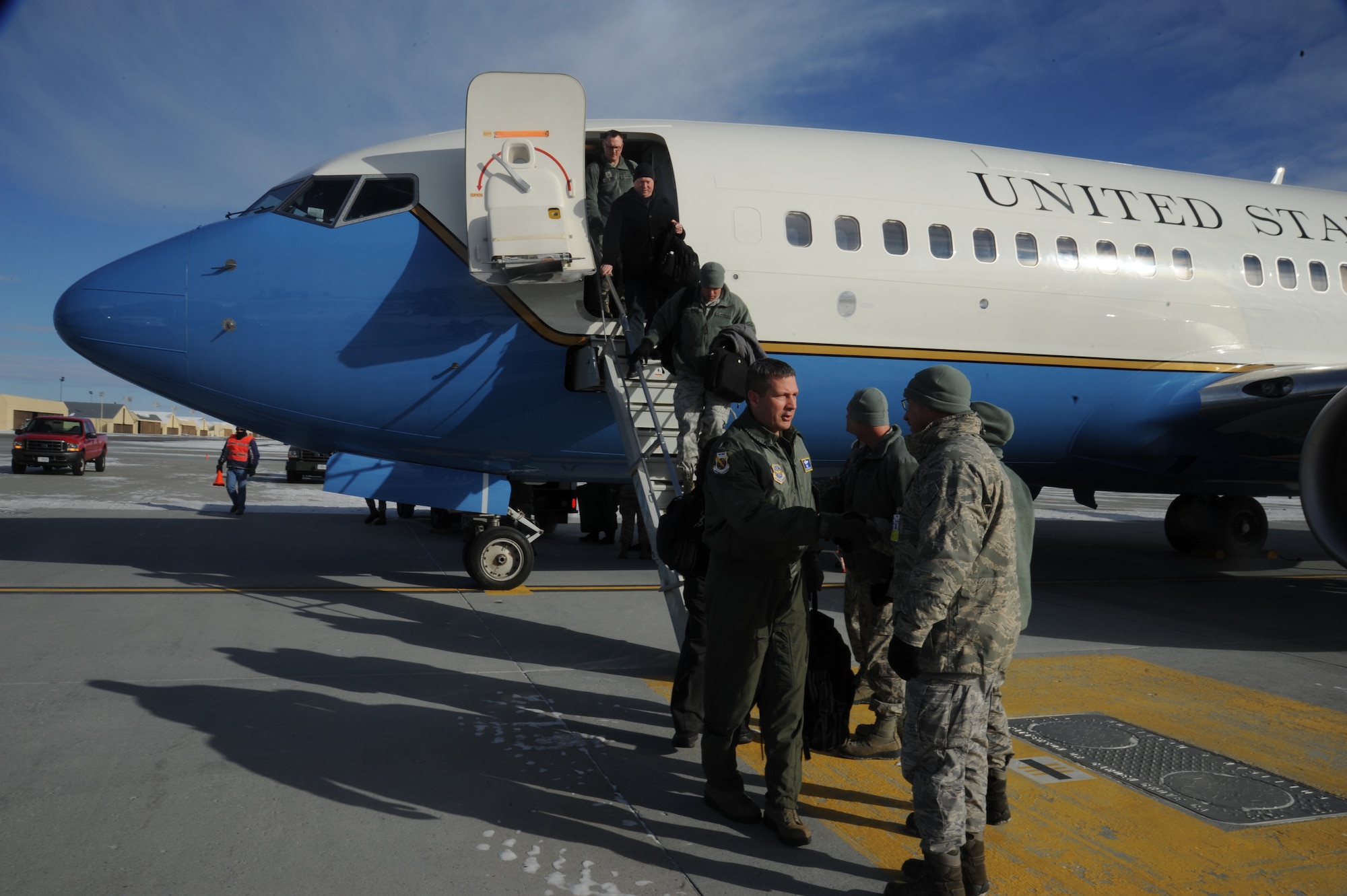 Team Fairchild leadership greets members of Air Mobility Command’s Inspector General team as they arrive for the Unit Effectiveness Inspection Feb. 5, 2014 at Fairchild Air Force Base, Wash. The inspection is scheduled to go through Feb. 14, and Fairchild is the third AMC base to undergo the inspection. (U.S. Air Force photo by Airman 1st Class Samuel Fogelman/Released)