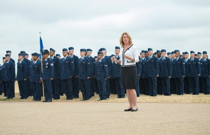 Secretary of the Air Force Deborah Lee James, addresses the graduating Airmen at the basic military training parade Jan. 31, at Joint Base San Antonio-Lackland. (U.S. Air Force photo by Benjamin Faske) (released)