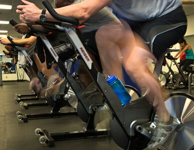 U.S. Air Force personnel take part in a spin class as part of their physical training requirement at the Warhawk Fitness Center Feb. 4, at Joint Base San Antonio-Lackland. (U.S. Air Force photo by Benjamin Faske) (released)