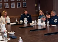 Chief Master Sgt. Gerardo Tapia, command chief, Air Education and Training Command, explains some of the issues Airmen have brought to his attention about force shaping programs to Secretary of the Air Force Deborah Lee James and AETC commander Gen. Robin Rand and his wife, Kate, during a mission brief Jan. 31 at Joint Base San Antonio-Lackland, Texas. (U.S. Air Force photo by Staff Sgt. Marissa Tucker) 