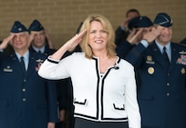 Secretary of the Air Force Deborah Lee James renders a salute during pass and review at the basic military training graduation Jan. 31 at Joint Base San Antonio-Lackland. (U.S. Air Force photo by Benjamin Faske)