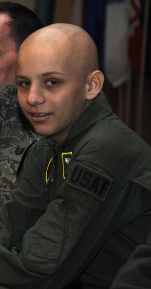 Sam Guimaraes, 17-year-old Alexandria, La. native, poses for a photo during his visit to Barksdale Air Force Base, La., as part of the Pilot for a Day program, Jan. 4, 2014. The goal of the Pilot for a Day program is to provide children, who have serious or chronic medical conditions, and their families the opportunity to experience the life of an aircrew member. (U.S. Air Force photo/Staff Sgt. Sean Martin)