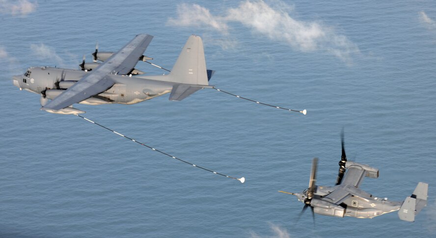 A 67th Special Operations Squadron MC-130P Combat Shadow prepares to refuel a CV-22 Osprey Jan. 24, 2014, during the Shadow’s last flight in the U.K. Since the mid-1980s, the MC-130P has participated in special operations missions ranging from air refueling of the military’s vertical lift platforms; precision airdrop of personnel and equipment; and the execution of night, long-range, transportation and resupply of military forces across the globe. Its departure marks the final step of Special Operations Command Europe's transition from the Combat Shadow to the MC-130J Commando II. (U.S. Air Force photo by Senior Airman Kate Maurer/Released)