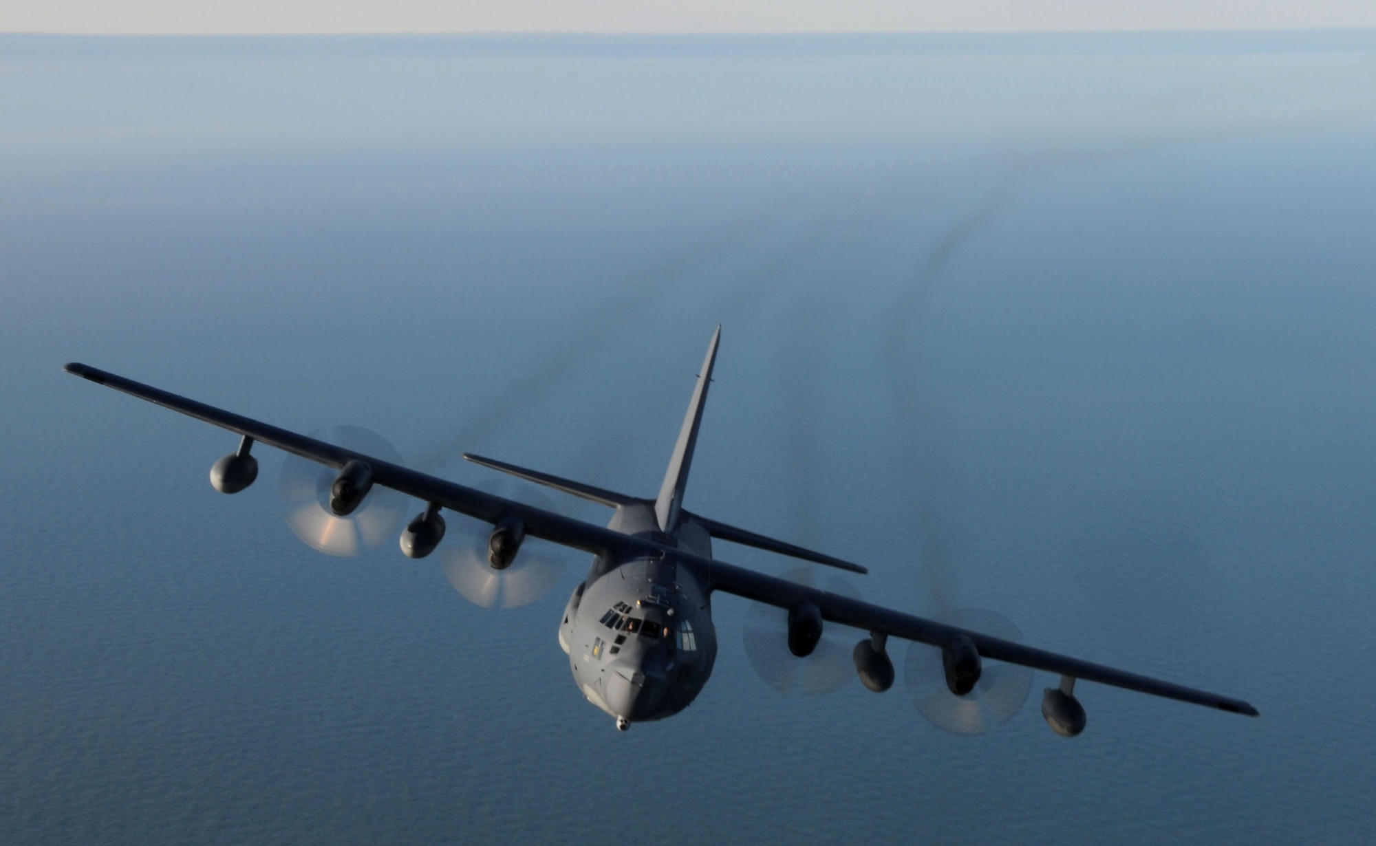 A 67th Special Operations Squadron MC-130P Combat Shadow takes its final flight in the U.K. Jan. 24, 2014. The Combat Shadow, an airframe used for special operations missions since the mid-1980s, is the last of its kind to leave the European theater. Its departure marks the final step of Special Operations Command Europe's transition from the Combat Shadow to the MC-130J Commando II. (U.S. Air Force photo by Senior Airman Kate Maurer/Released)