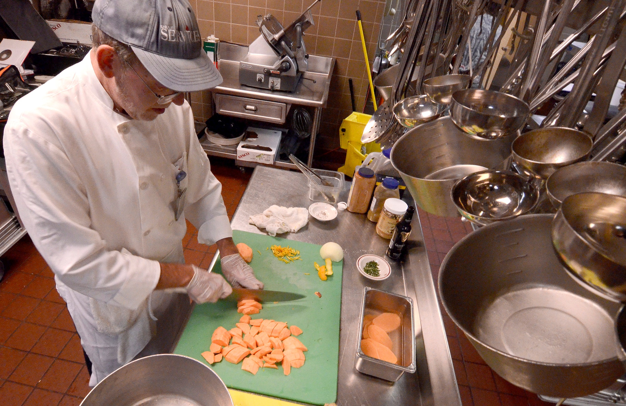 David D 'Amour, Dobbins’ Consolidated Club chef, participates in the first taste test for the Air Force Reserve Command Top Chef Competition Oct. 28. (U.S. Air Force photo/Don Peek)