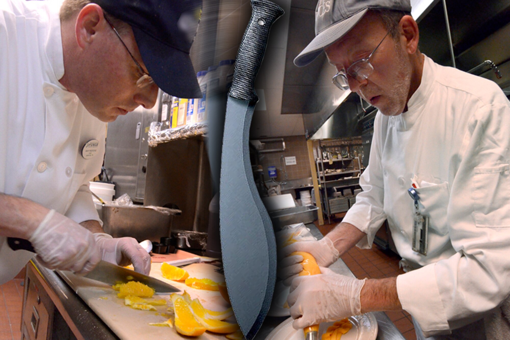 Dobbins’ chefs Mike Medford (left) and David Damuor (right) square off during the first taste test for the Air Force Reserve Command Top Chef Competition Oct. 28. (U.S. Air Force photo illustration/James Branch)