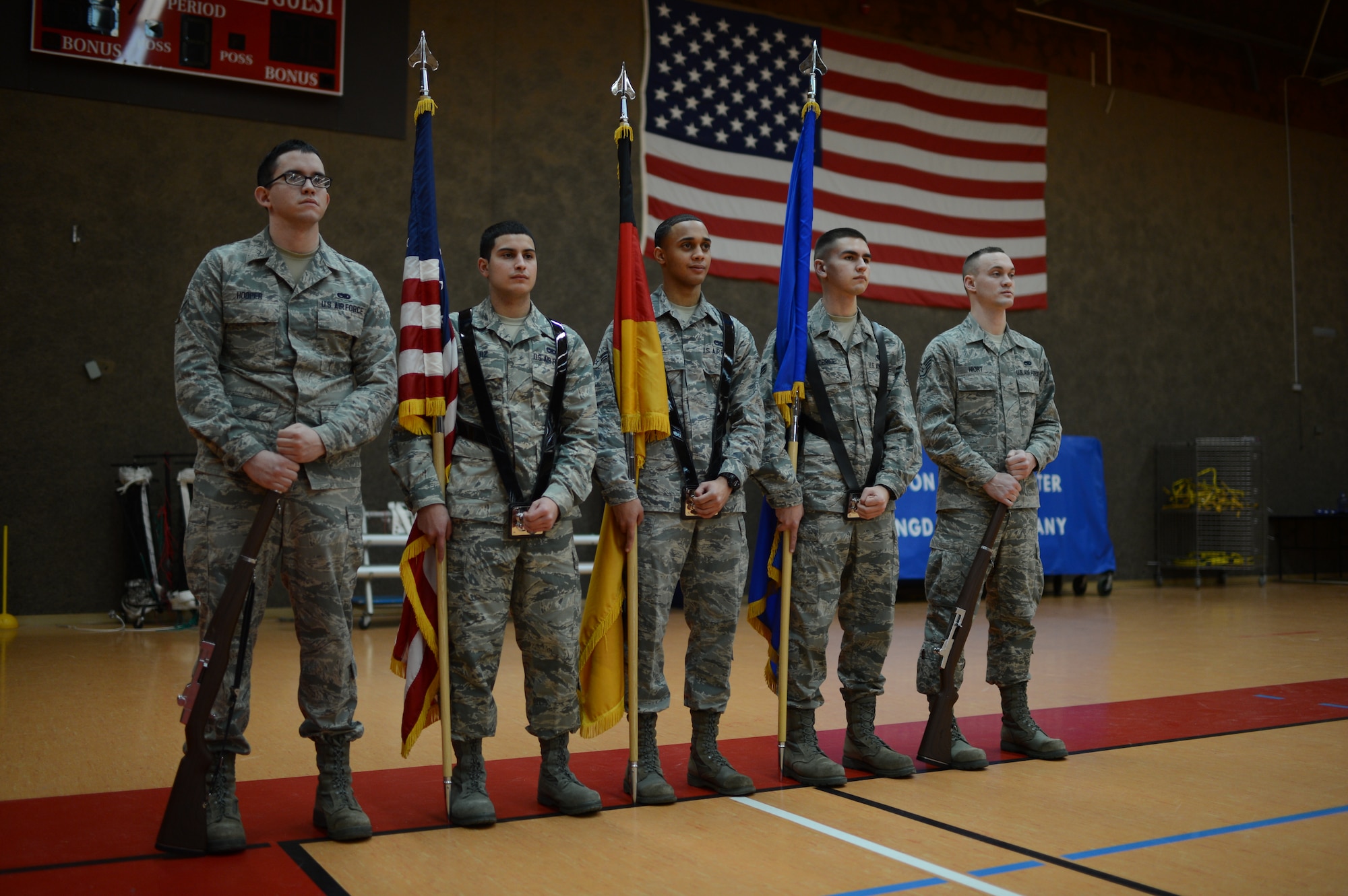 Airmen practice a ceremonial marching detail during an honor guard training week, at Spangdahlem Air Base Jan. 29, 2014. The honor guard is a direct link between the American community and host nations. (U.S. Air Force photo by Senior Airman Gustavo Castillo/Released)
