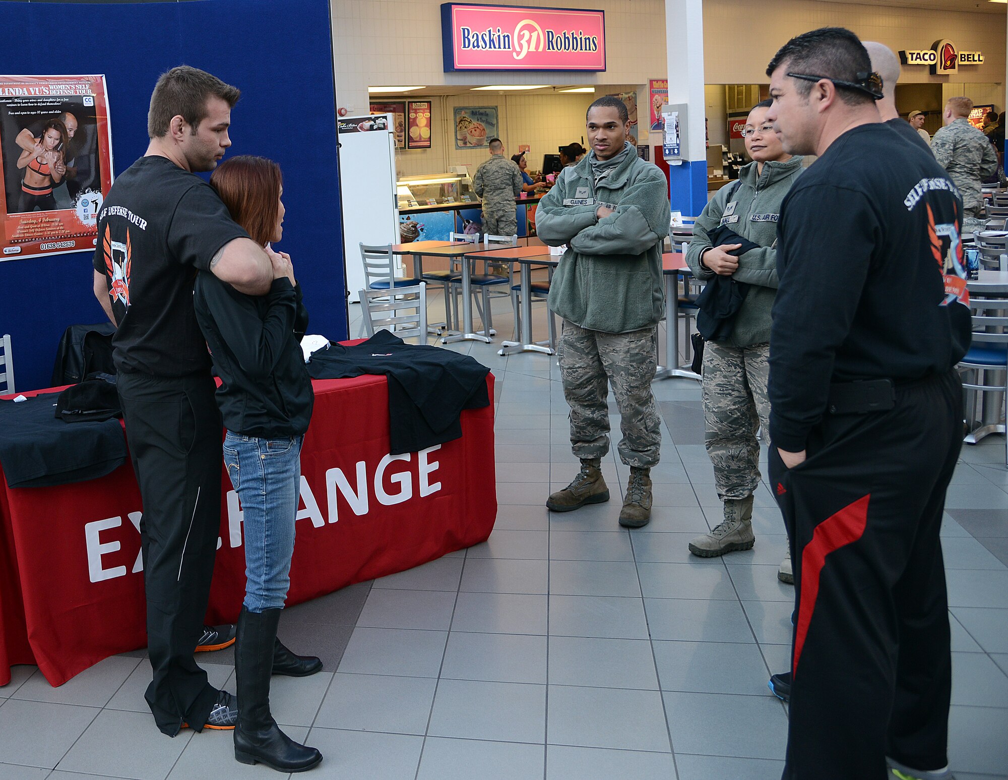 Linda Vu, women’s self-defense trainer, teaches Team Mildenhall members how to defend against an attacker Feb. 4, 2014, at the BXtra on RAF Mildenhall, England. Vu visited RAF Mildenhall on her European women’s self-defense tour and gave a seminar on self-defense at the Northside Fitness Center. (U.S.  Air Force photo by Airman 1st Class Kelsey Waters/Released)