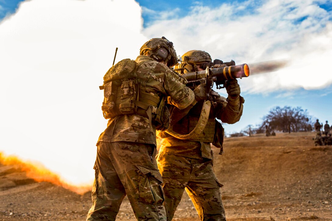 Army Rangers fire a Carl Gustav 84mm recoilless rifle during live-fire training at a range on Camp Roberts, Calif., Jan. 26, 2014. The Rangers are assigned to Company B, 2nd Battalion, 75th Ranger Regiment. 