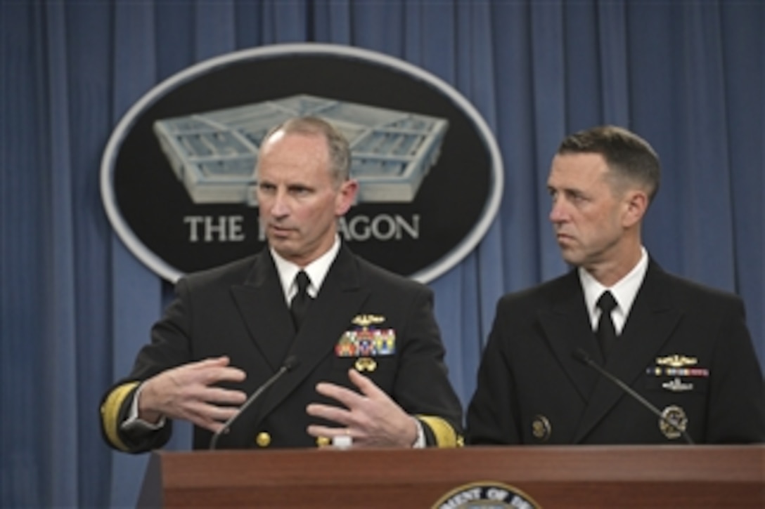 Chief of Naval Operations Navy Adm. Jonathan W. Greenert and Navy Adm. John Richardson, director of the Naval Nuclear Propulsion Program, brief reporters at the Pentagon, Feb. 4, 2014, on the Navy's investigation into allegations of compromised test materials.