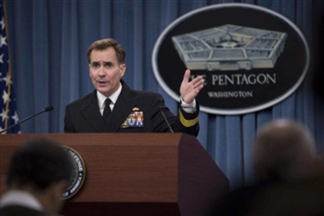 Pentagon Press Secretary Rear Adm. John Kirby briefs reporters at the Pentagon, Feb. 5, 2014, on personnel matters in the Defense Department's nuclear force. Kirby said Defense Secretary Chuck Hagel was concerned that systemic issues may be threatening the health of the force following allegations of cheating on proficiency tests among Air Force and Navy personnel.