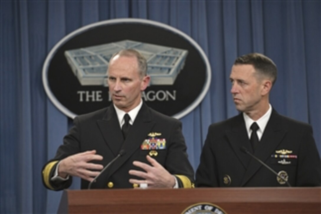 Chief of Naval Operations Navy Adm. Jonathan W. Greenert and Navy Adm. John Richardson, director of the Naval Nuclear Propulsion Program, brief reporters at the Pentagon, Feb. 4, 2014, on the Navy's investigation into allegations of compromised test materials.