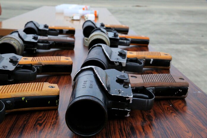 Flare-guns are used by Japan Maritime Self-Defense Force aviators for a portion of their mandatory, semi-annual Life-Saving Survival Training. The round shot from this gun ascends more than 164 feet and is visible from 1.24 miles away.