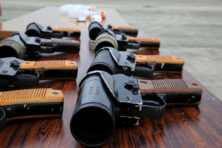 Flare-guns are used by Japan Maritime Self-Defense Force aviators for a portion of their mandatory, semi-annual Life-Saving Survival Training. The round shot from this gun ascends more than 164 feet and is visible from 1.24 miles away.