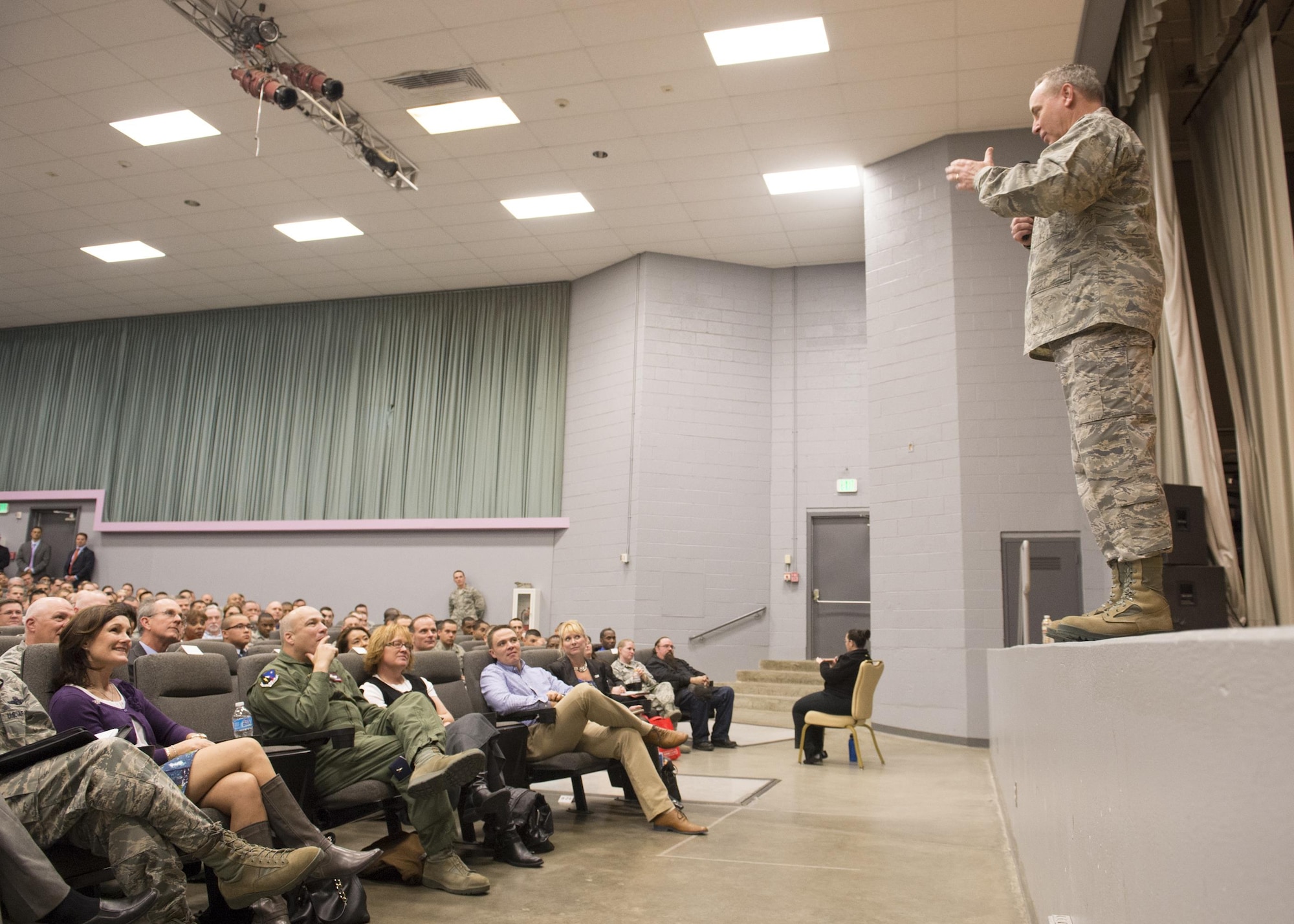 Chief of Staff Gen. Mark A. Welsh III talks to Airmen Jan. 30, 2014, about current issues and future challenges involving the service in the base theater at Edwards Air Force Base, Calif. (U.S. Air Force photo/Edward Cannon)
 