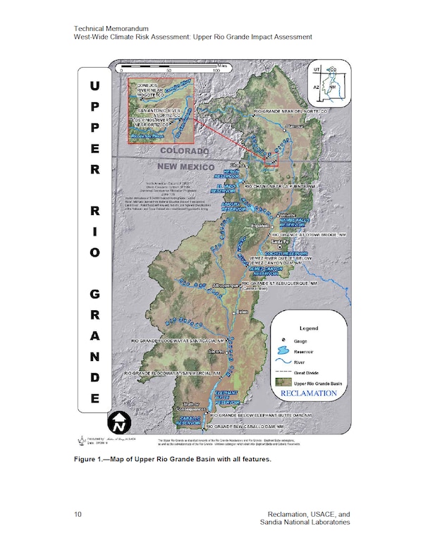 Figure 1 - Map of Upper Rio Grande Basin with all features, from the "West-Wide Climate Risk Assessment: Upper Rio Grande Impact Assessment." The study was conducted by the Bureau of Reclamation in partnership with Sandia National Laboratories and the U.S. Army Corps of Engineers.