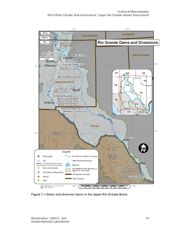 Figure 7 - Dams and diversion dams in the Upper Rio Grande Basin, from the "West-Wide Climate Risk Assessment: Upper Rio Grande Impact Assessment." The study was conducted by the Bureau of Reclamation in partnership with Sandia National Laboratories and the U.S. Army Corps of Engineers.