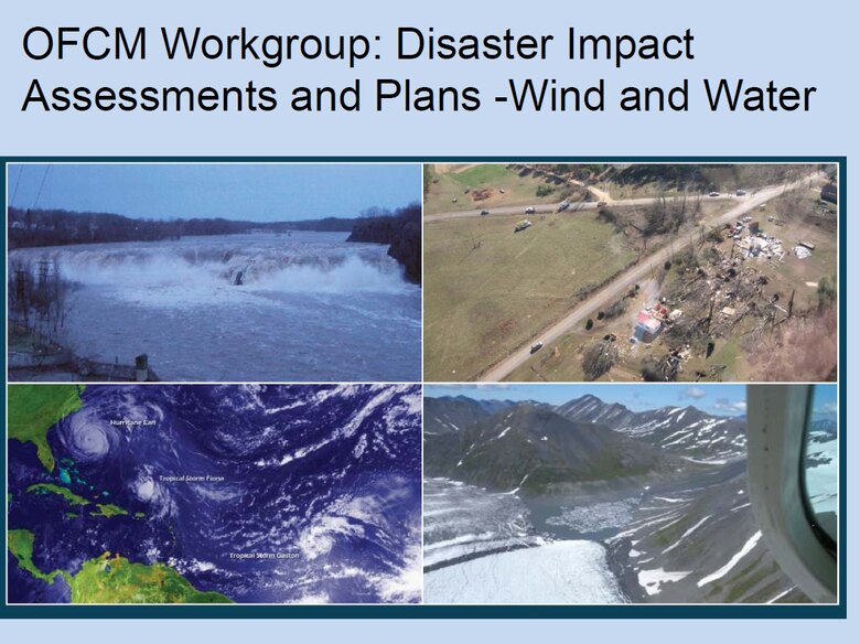 Slide about the OFCM Workgroup: Disaster Impact Assessments and Plans -Wind and Water  from the "Consumer Option for an Alternative System to Allocate Losses (COASTAL) Act Project Work Plan" presentation at the January 17, 2014 USACE-USGS Coordination Meeting.