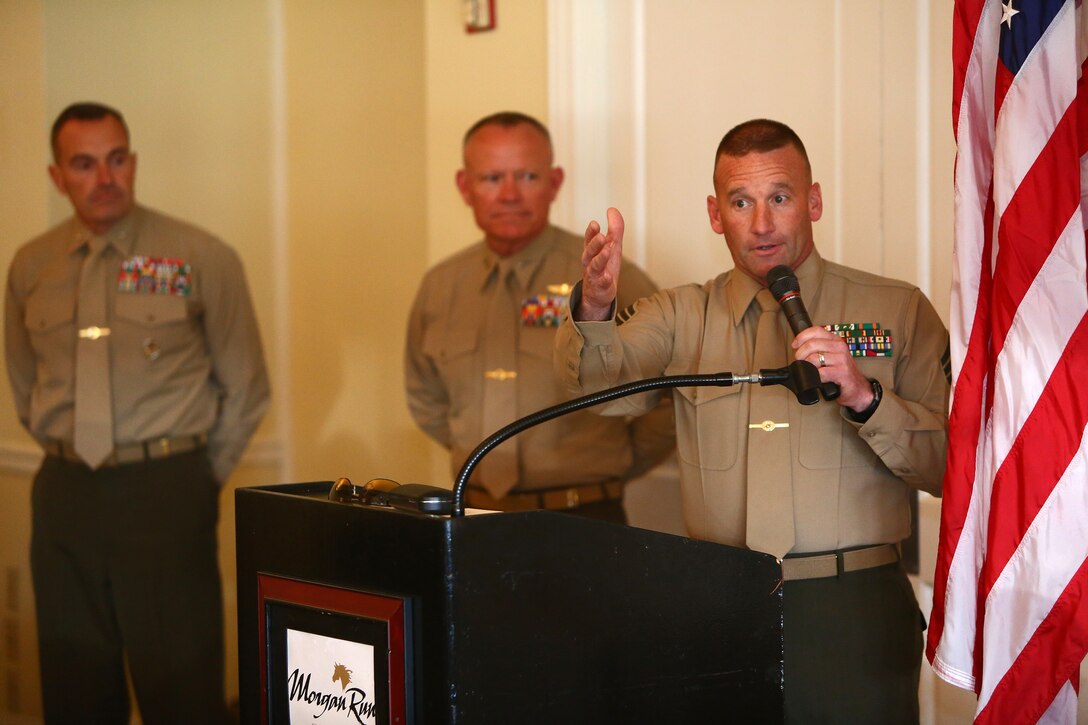 Sergeant Major Richard D. Thresher, the sergeant major of 1st Marine Logistics Group, speaks on behalf of 1st MLG to thank the Good Guys of Morgan Run charity during a luncheon, at the Morgan Run Club and Resort in Rancho Santa Fe, Calif., Jan. 23, 2014. The Good Guys of Morgan Run is a non-profit organization that provides aid to wounded U.S. servicemembers. Since their charity began almost eight years ago, they have donated more than $2,500,000 to help wounded warriors. A luncheon is held monthly to present grants to selected servicemembers. 