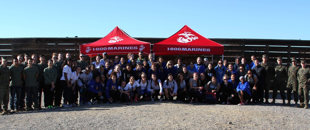 University of California Riverside and San Bernardino soccer players partnered with Marine Officer Selection Office Riverside for a leadership reaction course aboard Marine Corps Base Camp Pendleton, Calif., Feb. 1. A leadership reaction course is a 10-stall obstacle event that forces individuals to work as a team while testing their leadership ability.