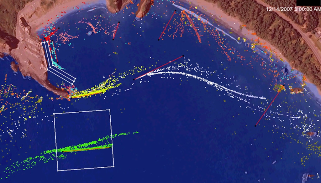 Shown are the pathways of sediment particles adjacent to the Port of Port Orford, Ore. Red lines indicate the sources of released particles. 