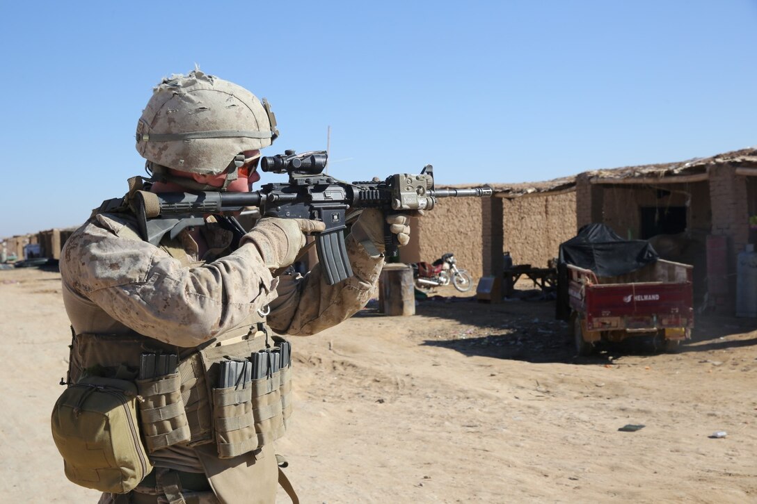 NAD ‘ALI DISTRICT, HELMAND PROVINCE, Afghanistan – Private First Class Justin Waller, a dog handler with Kilo Company, 3rd Battalion, 7th Marine Regiment, and a 23-year-old native of Pleasanton, Calif., provides security over watch while his fellow Marines search a local shop in the Qasim Bazaar, Jan. 17, 2014.