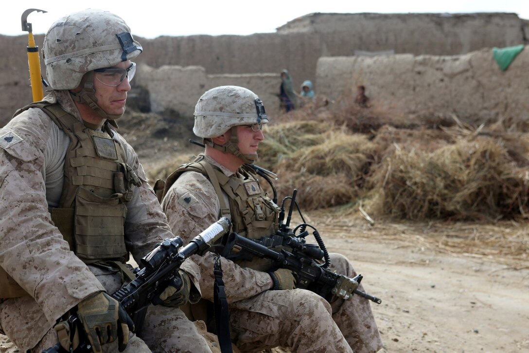 U.S. Marines with Weapons Company, 1st Battalion, 9th Marine Regiment, conduct a joint patrol with the Afghan Local Police (ALP) outside Camp Dwyer, Helmand province, Afghanistan, Jan. 21, 2014. The Marines patrol with the AUP to provide aid where they can and to build a stronger relationship with them. (Official Marine Corps Photo by Eric S. Wilterdink/Released)