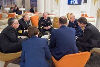 18th Chairman of the Joint Chiefs of Staff Gen. Martin E. Dempsey speaks with members of his staff in Brussels, Belgium as apart of a 3-day trip where he is slated to meet with his NATO and Russian counterparts January 21, 2014. DoD photo by Mass Communication Specialist 1st Class Daniel Hinton
