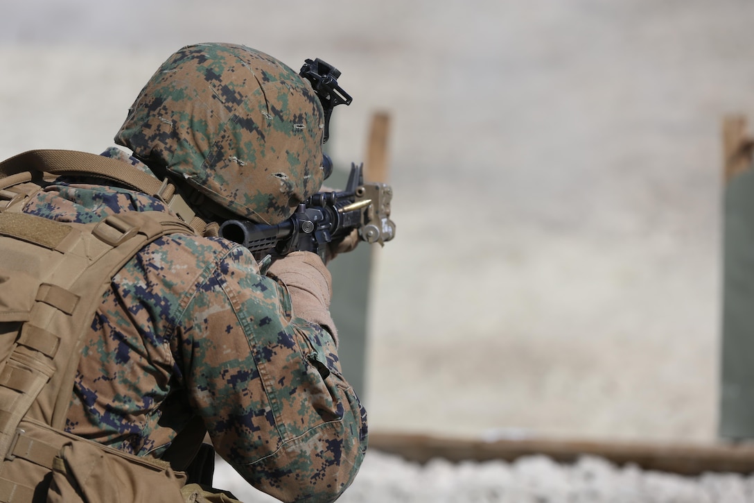 A Marine with Charlie Company, 1st Light Armored Reconnaissance Battalion executes a failure drill using the M4 service rifle during an intermediate combat marksmanship training course aboard Camp Pendleton, Calif. Feb. 5. 1st LAR is part of the ground combat element of the 11th Marine Expeditionary Unit and is scheduled to deploy later this year. According to 1st Lt. Charles Beagan, 1st platoon commander, “Realistically, with a MEU, you never know what your mission set is going to be, so that’s why we’re training and starting with the basics.” The Marines also completed the same training evolution after nightfall with the aid of night vision goggles.