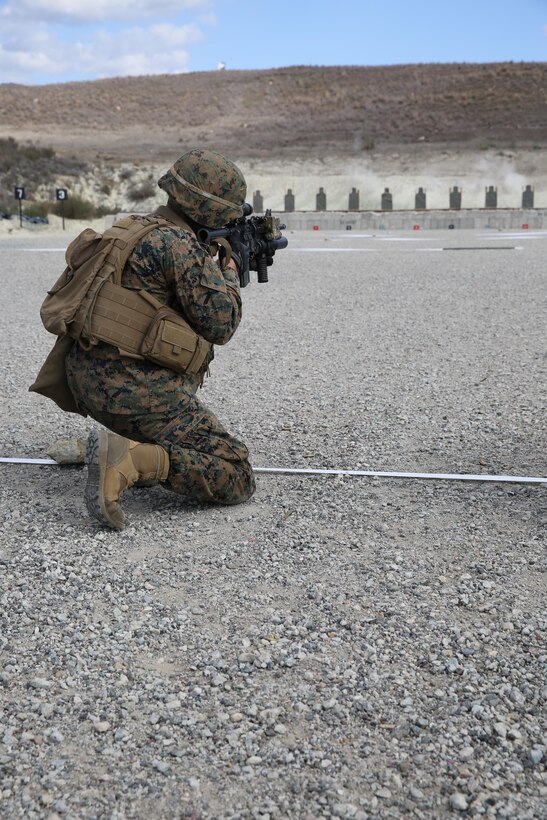 A Marine with Charlie Company, 1st Light Armored Reconnaissance Battalion executes a failure drill using the M4 service rifle during an intermediate combat marksmanship training course aboard Camp Pendleton, Calif. Feb. 5. 1st LAR is part of the ground combat element of the 11th Marine Expeditionary Unit and is scheduled to deploy later this year. According to 1st Lt. Charles Beagan, 1st platoon commander, “Realistically, with a MEU, you never know what your mission set is going to be, so that’s why we’re training and starting with the basics.” The Marines also completed the same training evolution after nightfall with the aid of night vision goggles.