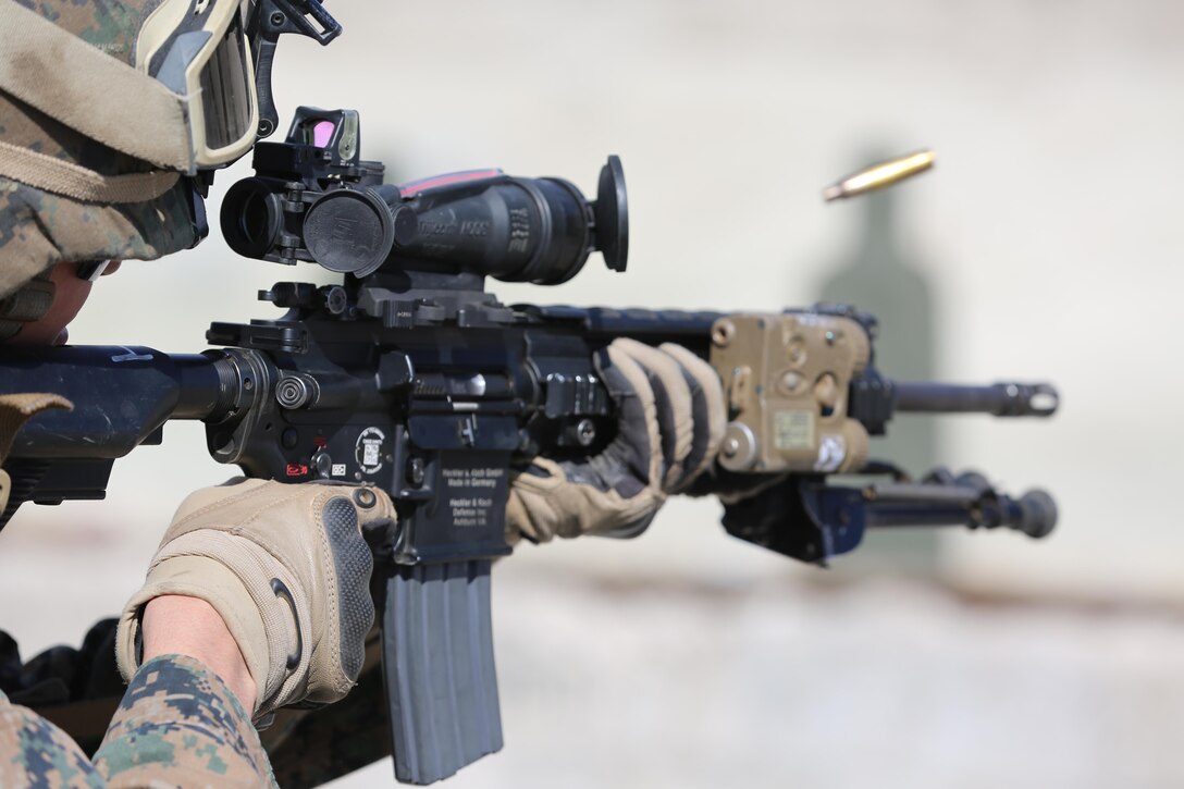 A Marine with Charlie Company, 1st Light Armored Reconnaissance Battalion executes a hammer pair using the M4 service rifle during an intermediate combat marksmanship training course aboard Camp Pendleton, Calif. Feb. 5. 1st LAR is part of the ground combat element of the 11th Marine Expeditionary Unit and is scheduled to deploy later this year. According to 1st Lt. Charles Beagan, 1st platoon commander, “Realistically, with a MEU, you never know what your mission set is going to be, so that’s why we’re training and starting with the basics.” The Marines also completed the same training evolution after nightfall with the aid of night vision goggles.