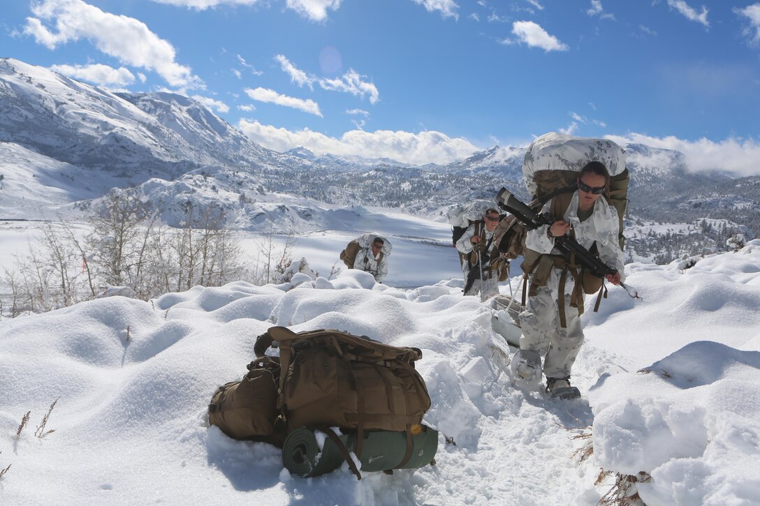 Lance Cpl. Eleanor H. Roper (right), a Monroe, Wis., native and field radio operator with Ragnarok Company, 2nd Supply Battalion, 2nd Marine Logistics Group, pulls a Marine Corps Cold Weather Infantry Kit, or MCCWIK sled up a slope during a field exercise aboard Marine Corps Mountain Warfare Training Center, Bridgeport, Calif., Jan. 31, 2014. The MCCWIK allows service members to move equipment over snow-covered terrain that vehicles are unable to traverse.