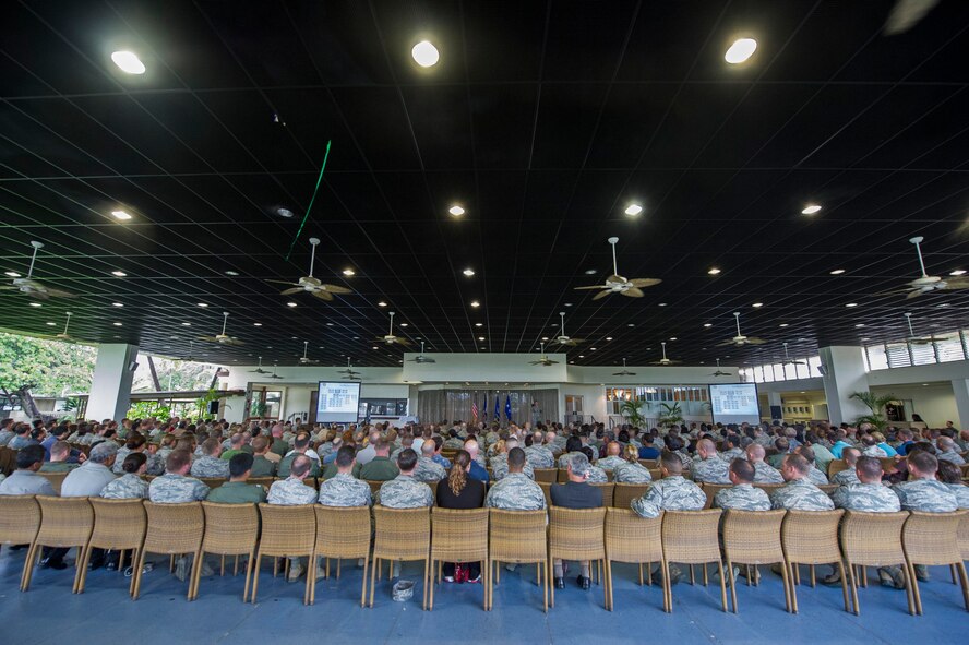 General Hawk Carlisle, Pacific Air Forces commander, speaks during a Commander's Call for all PACAF personnel Feb. 4, 2014, at the Hickam Officers Club on Joint Base Pearl Harbor-Hickam, Hawaii. During the call, Carlisle emphasized the importance of remembering the Air Force’s obligation to defend the nation, citing its moral obligation to “produce the very best Air Force we can produce with the amount of resources they give us.” (U.S. Air Force photo by Staff Sgt. Nathan Allen)