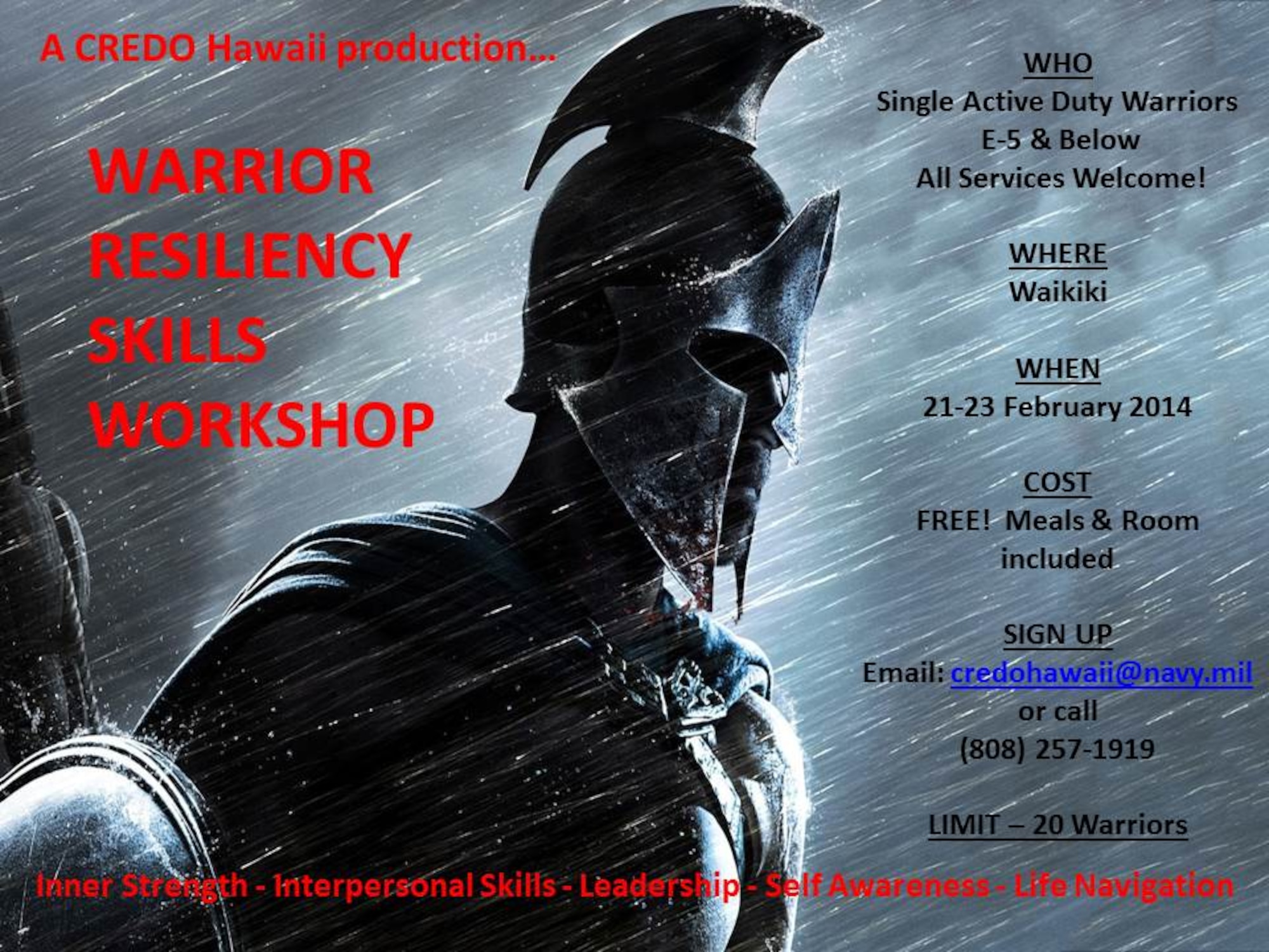 A free Warrior Resiliency Skills Workshop is scheduled for single service members Feb. 21-23. 