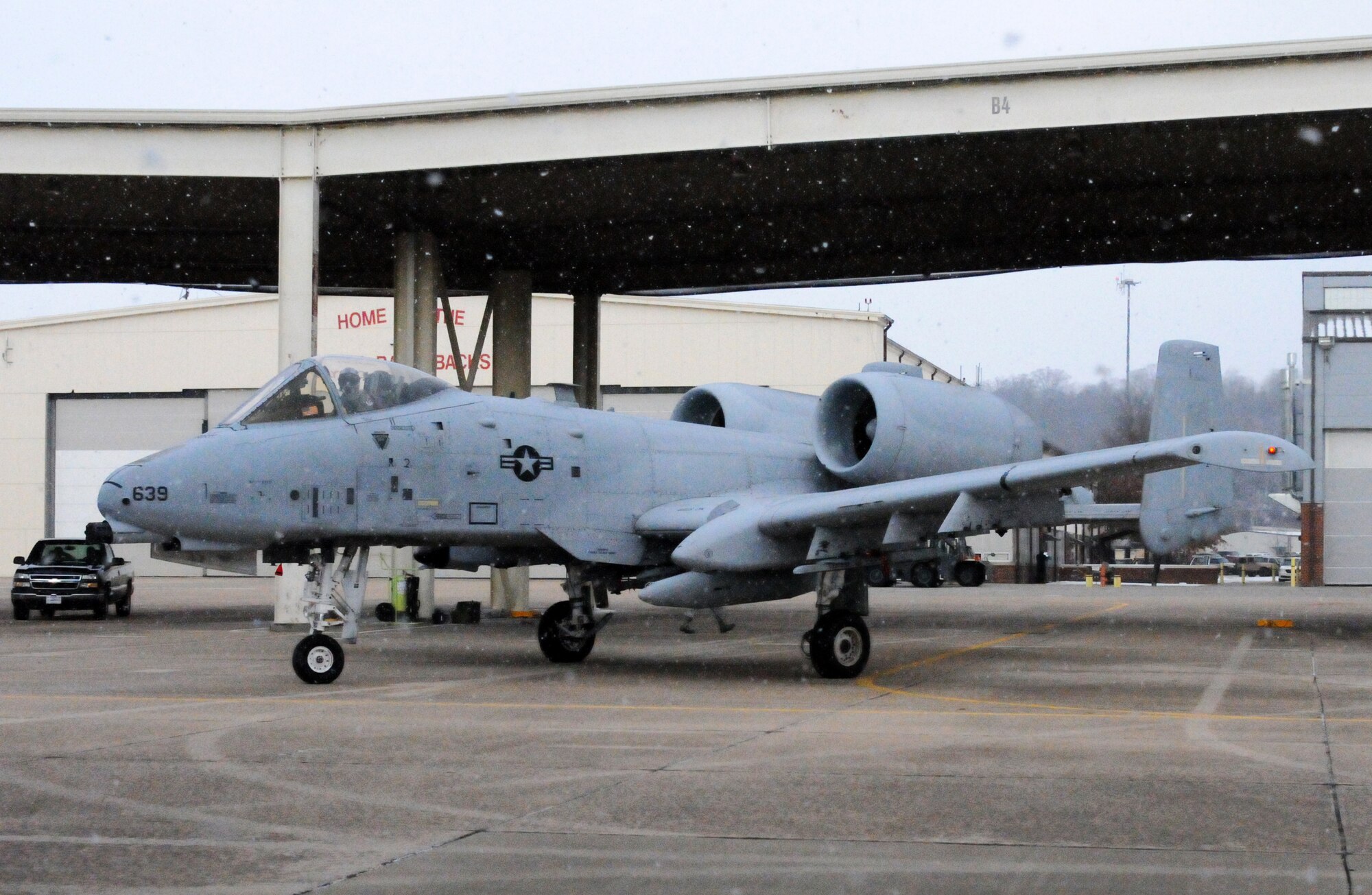 An A-10C Thunderbolt II "Warthog" (Tail No. 639) with the 188th Fighter Wing taxies on the ramp at Ebbing Air National Guard Base, Fort Smith, Ark. Tail No. 639 departed for Moody Air Force Base, Ga., Feb. 5, 2014. The jet was transferred from the 188th Fighter Wing as part of the wing’s on-going conversion from a fighter mission to a remotely piloted aircraft and Intelligence mission, which will include a space-focused targeting squadron. The 188th now has eight remaining A-10s left on station. The A-10 will join Moody AFB’s 75th Fighter Squadron. (U.S. Air National Guard photo by Tech Sgt. Josh Lewis)