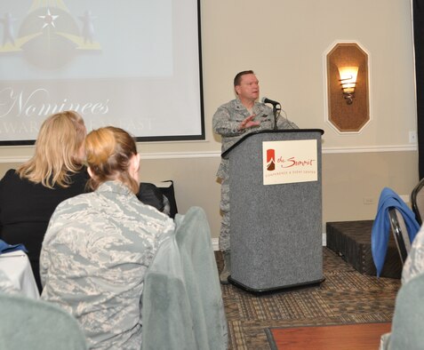 Brig. Gen. Samuel Mahaney, Air Reserve Personnel Center commander, speaks to attendees during a breakfast honoring ARPC’s A1 annual award winners at the Summit Conference and Event Center Feb. 6, 2014, in Denver. (U.S. Air Force photo/Tech. Sgt. Rob Hazelett)