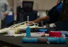 The American Red Cross blood drive was held Feb. 5, 2014, at Joint Base Charleston - Air Base, S.C. The donated blood will be sent to a Red Cross blood component laboratory where it will be processed into several components; red blood cells, plasma, platelets and/or cryoprecipitate. A single blood donation may help up to three different people. (U.S. Air Force photo/Senior Airman Ashlee Galloway)